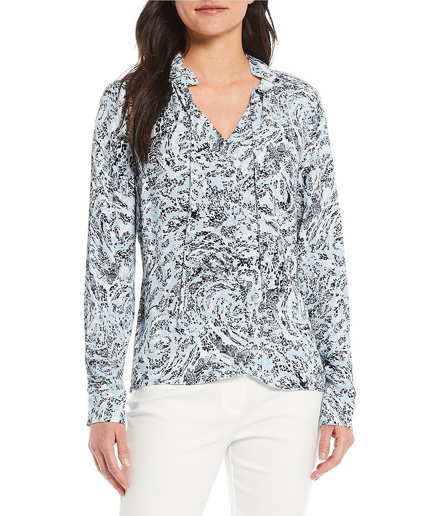 Donna Karan New York Ruffled Tie V-Neck Long Sleeve Peasant Blouse