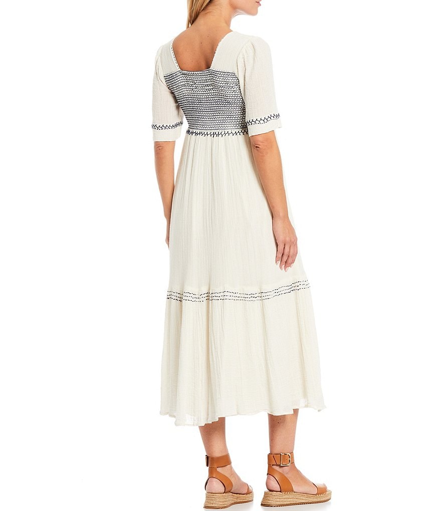 Reba Smocked Contrast Embroidery A-Line Maxi Dress