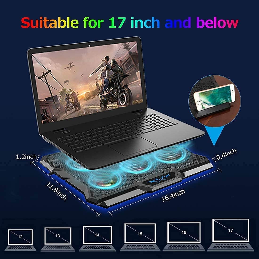 RGB Laptop Cooling Pad with 6 Quiet LED Fans 5 Heights Adjustable and Phone Stand, Dual USB Ports Gaming Laptop Cooler for 11"-18" Gaming Laptops (Blue)