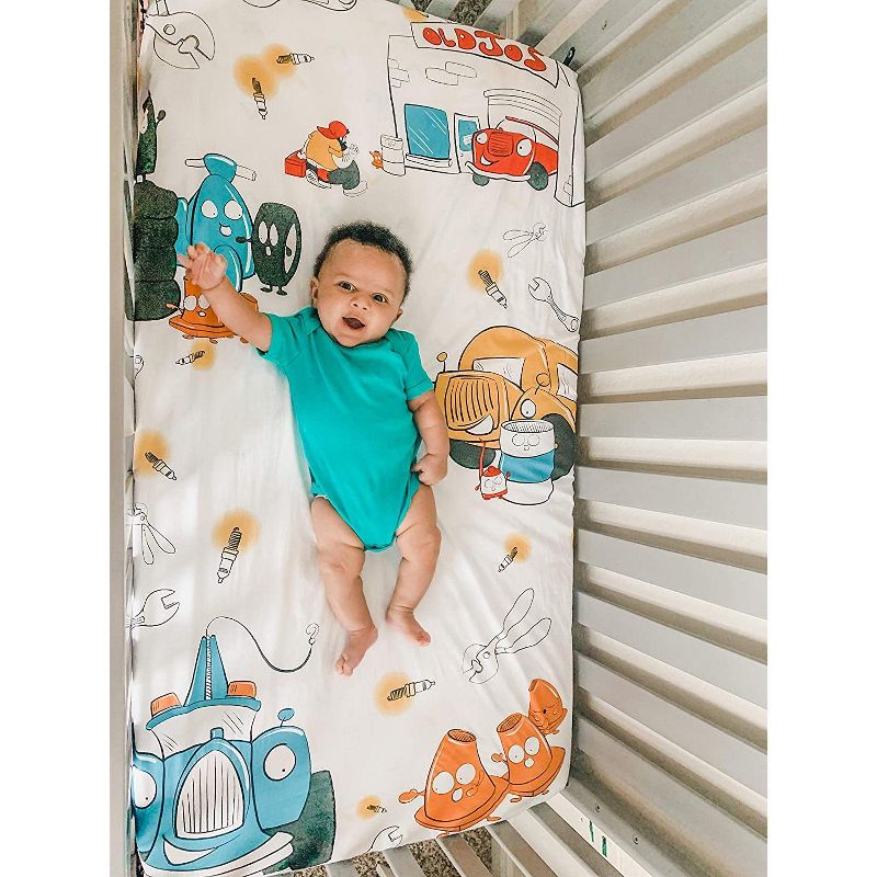 JumpOff Jo Fitted Crib Sheet - Cotton Crib Sheet for Standard Sized Crib Mattresses - Hypoallergenic and Breathable - 28 x 52 Inches - Jo's Garage