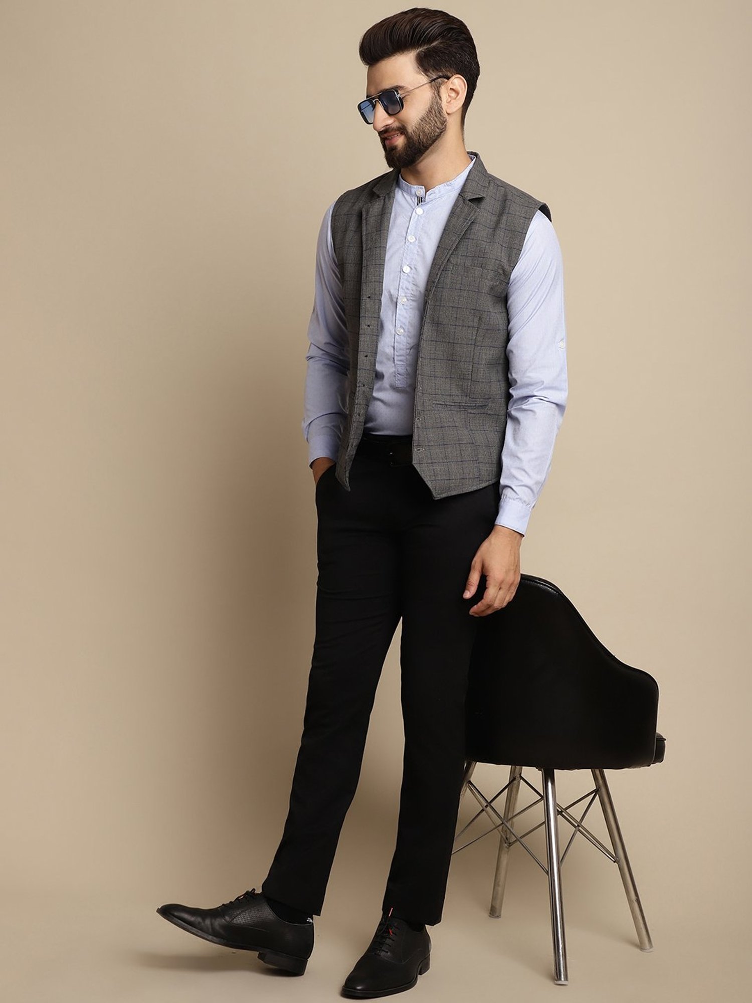 Even Grey Regular Fit Notch Lapel Check Waistcoat