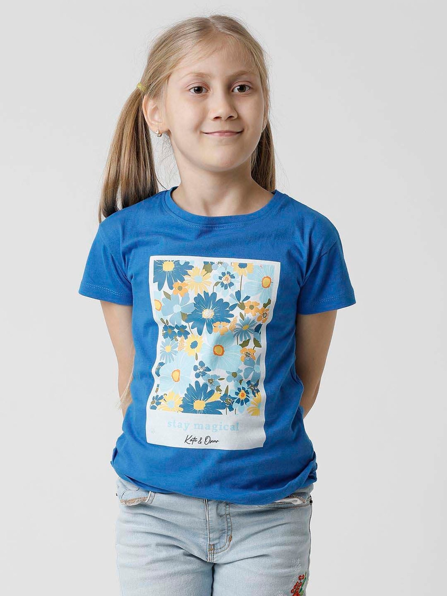 Kate & Oscar Kids Blue Cotton Floral Print T-Shirt