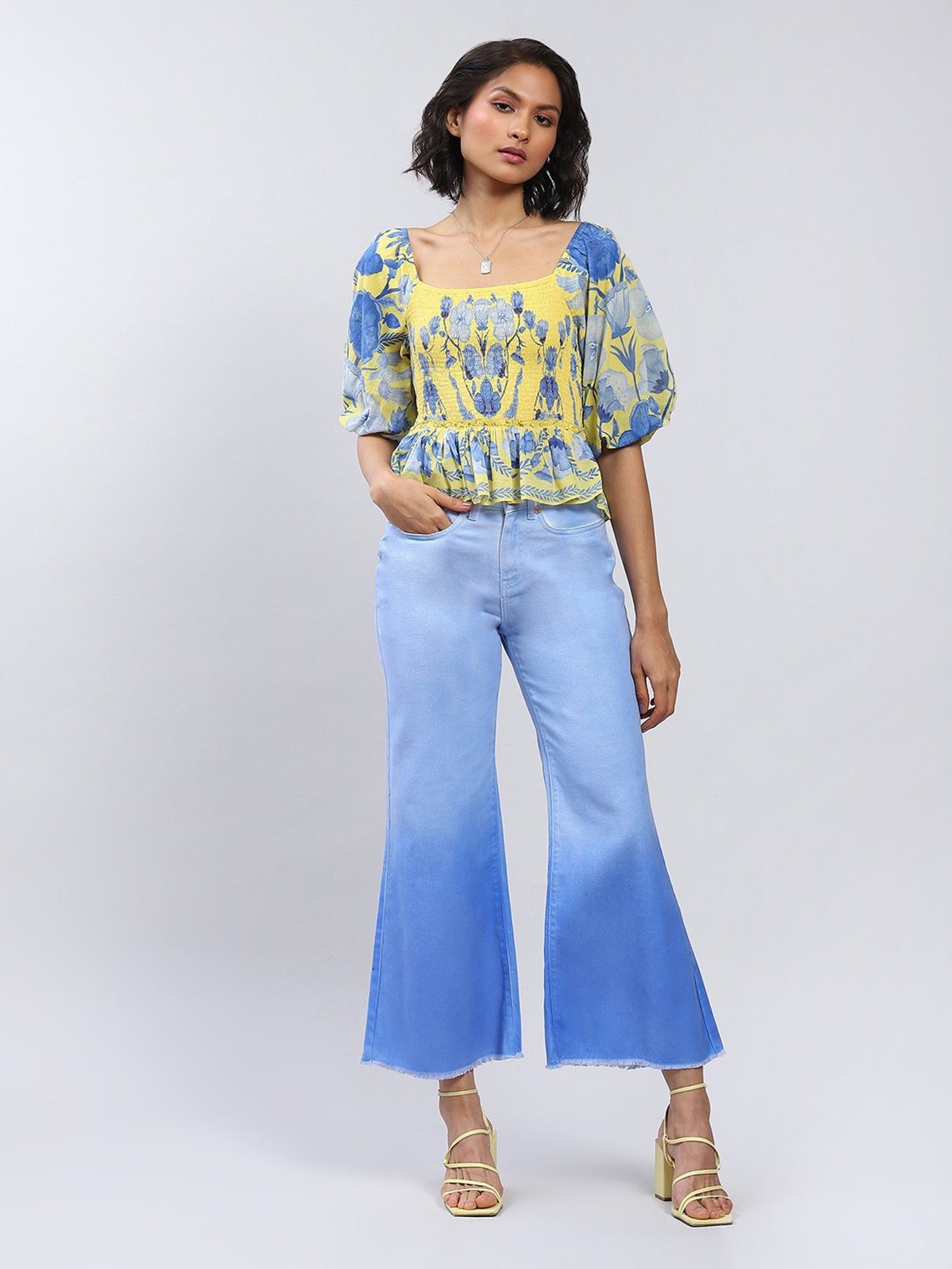 Label Ritu Kumar Yellow Floral Print Peplum Top