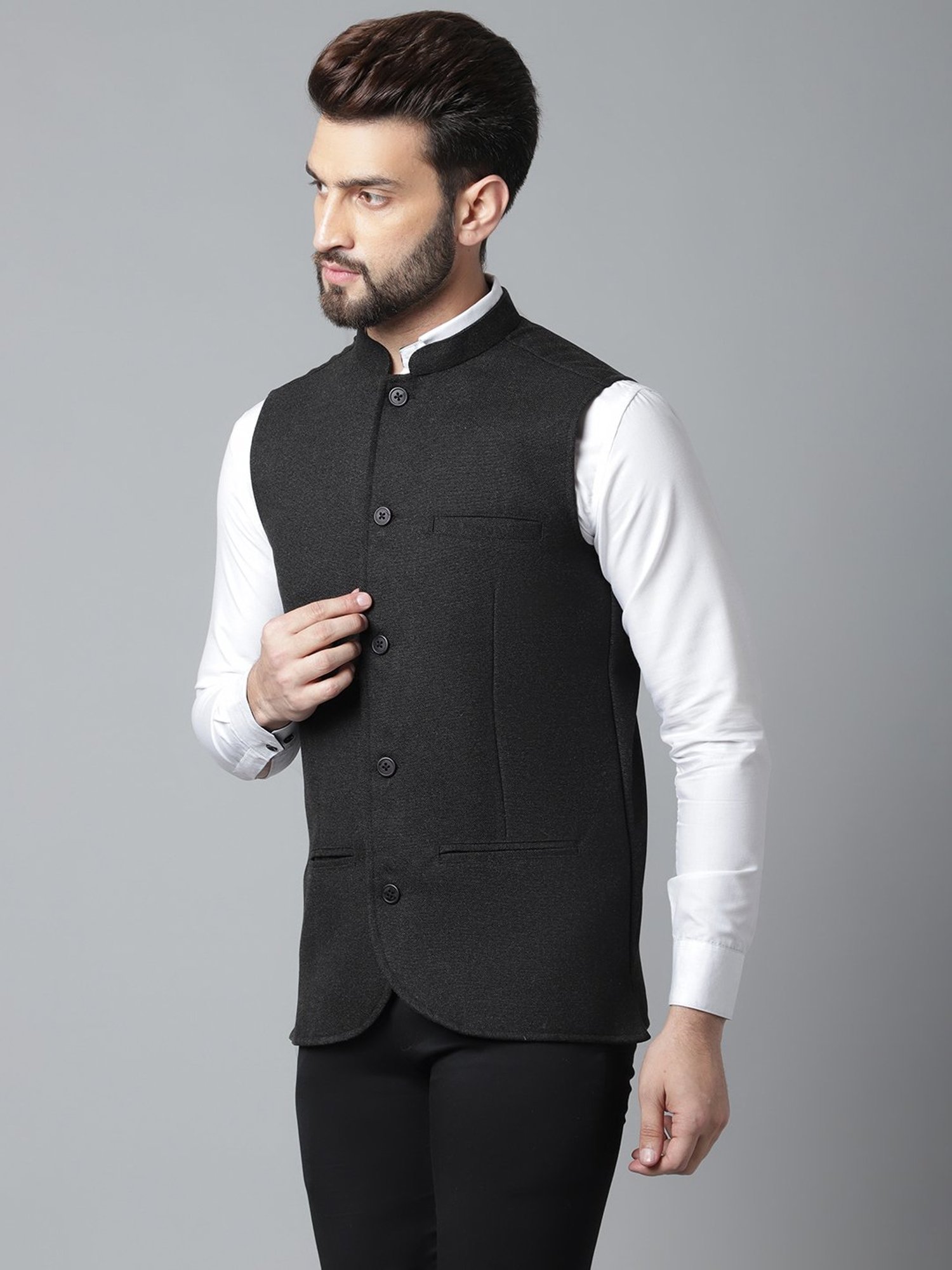 Even Black Regular Fit Mandarin Collar Nehru Jacket