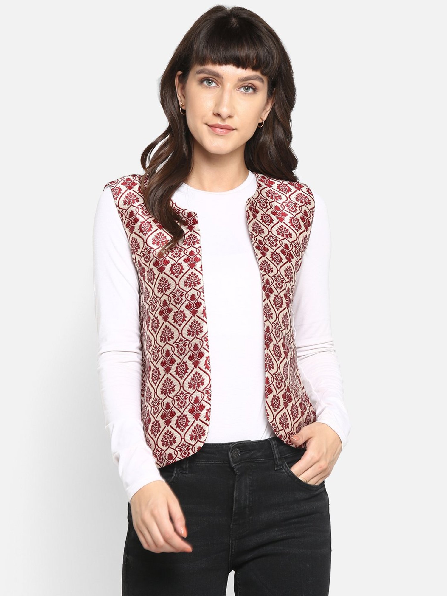 Hangup Maroon Jacquard Pattern Shrug