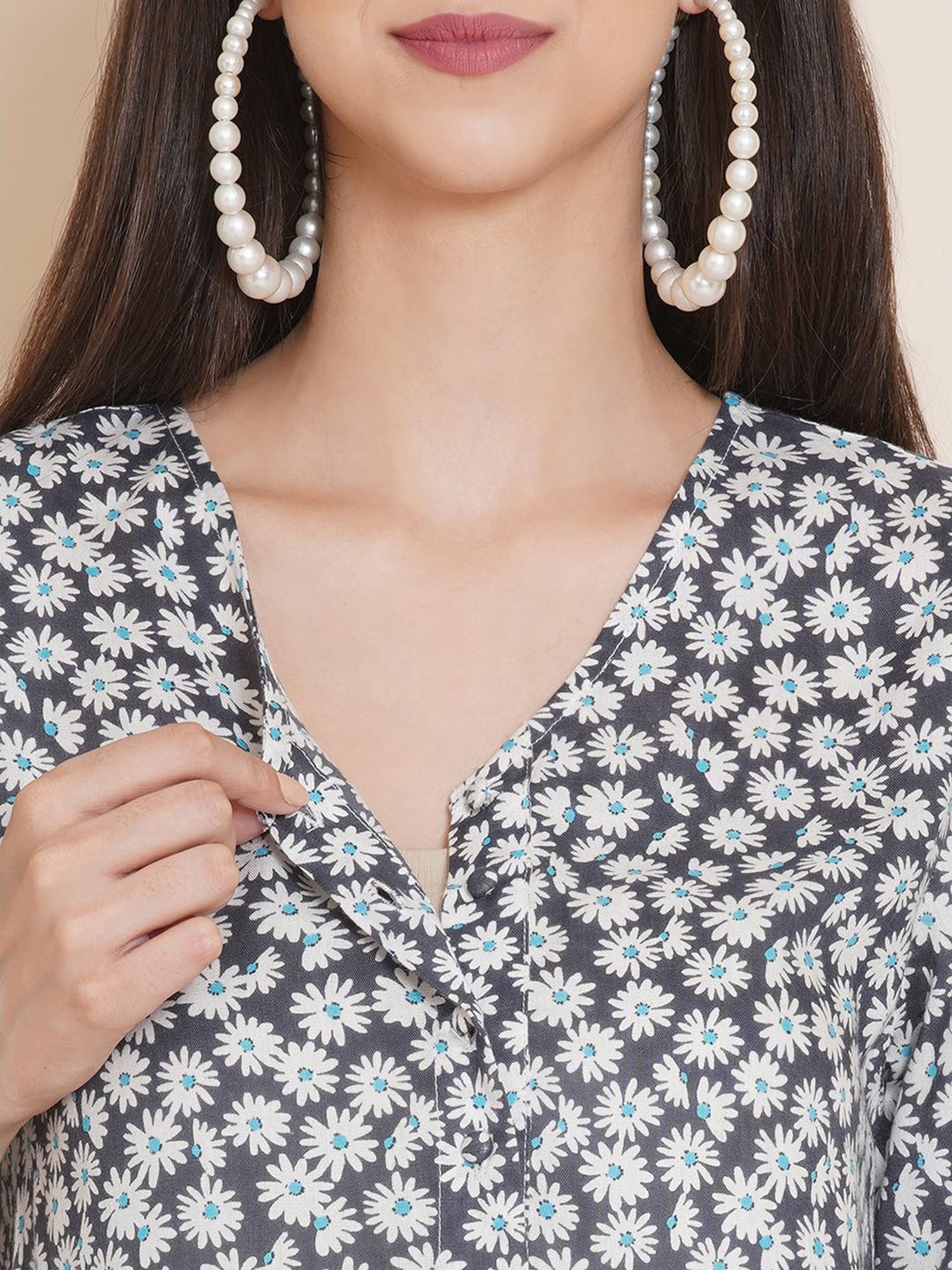 Mine4Nine Grey & White Floral Print Maternity Kurta With Pyjamas