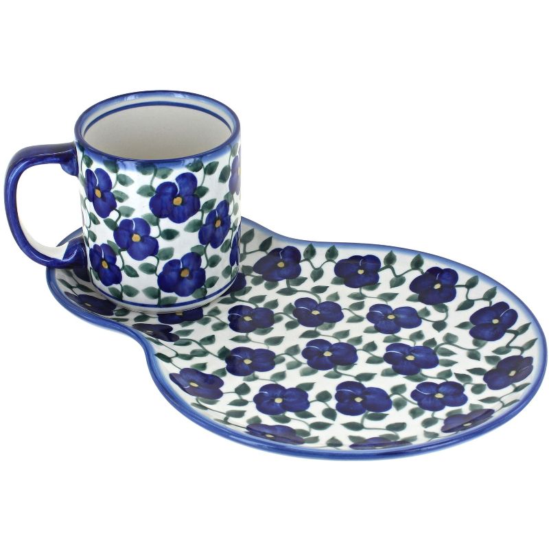 Blue Rose Polish Pottery Violets Oval Breakfast Plate & Mug Set