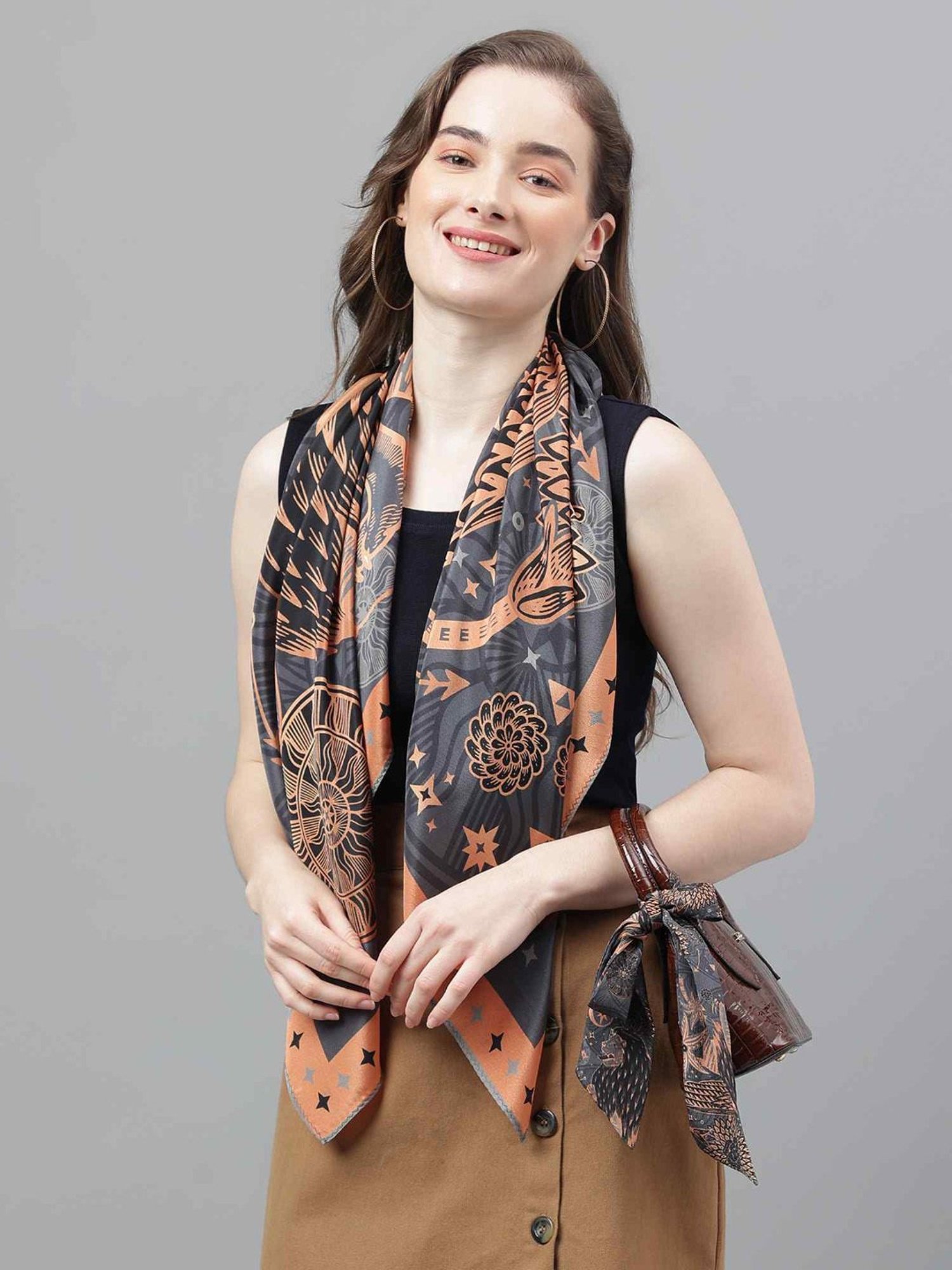Tossido Grey & Peach Printed Scarf & Bag Scarf Set