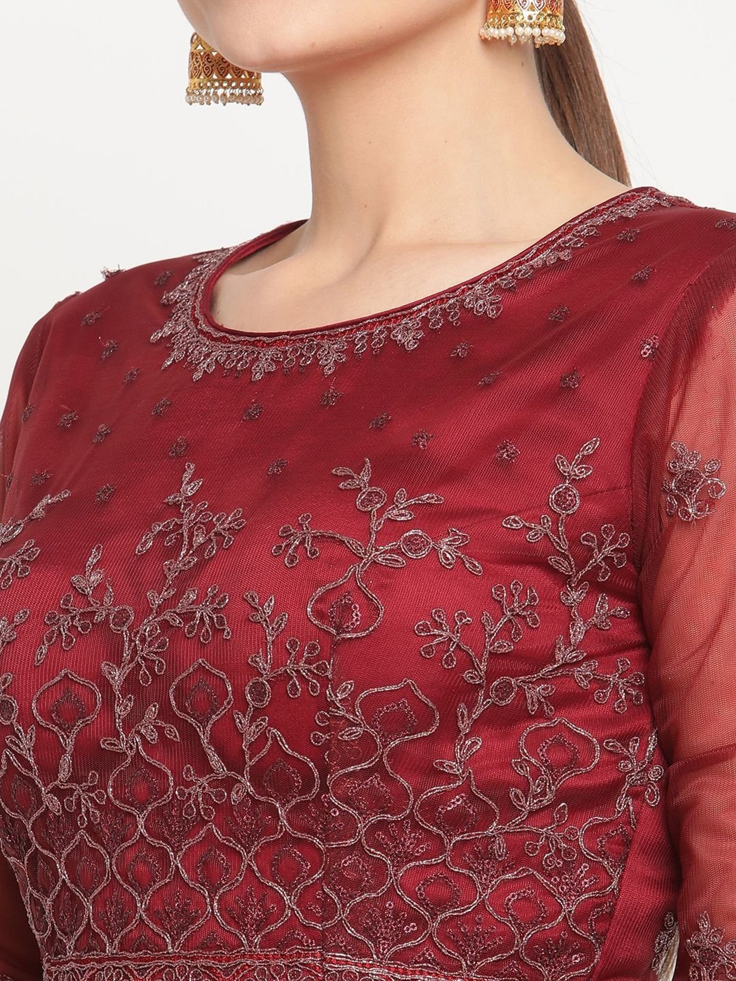 Stylee LIFESTYLE Maroon Embroidered Unstitched Dress Material