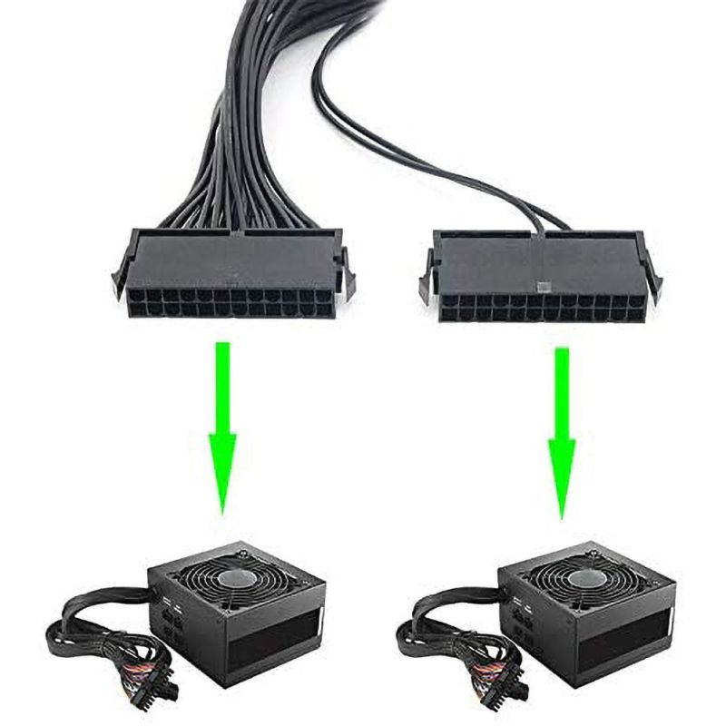 Dual PSU Power Supply 24 Pin Extension Cable, For ATX Motherboard, 24 Pin To 24(20+4) Pin, 12 Inch/ 30cm Black