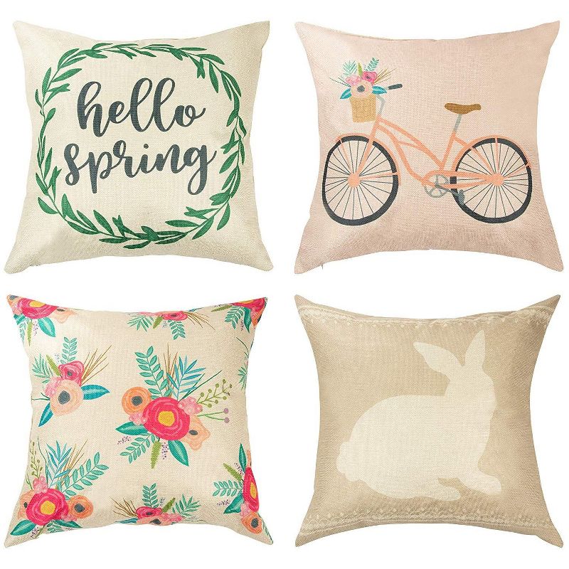 Juvale Set of 4 Happy Spring Decorative Pillow Case Cushion Covers for Easter, 4 Designs, 17 x 17 in