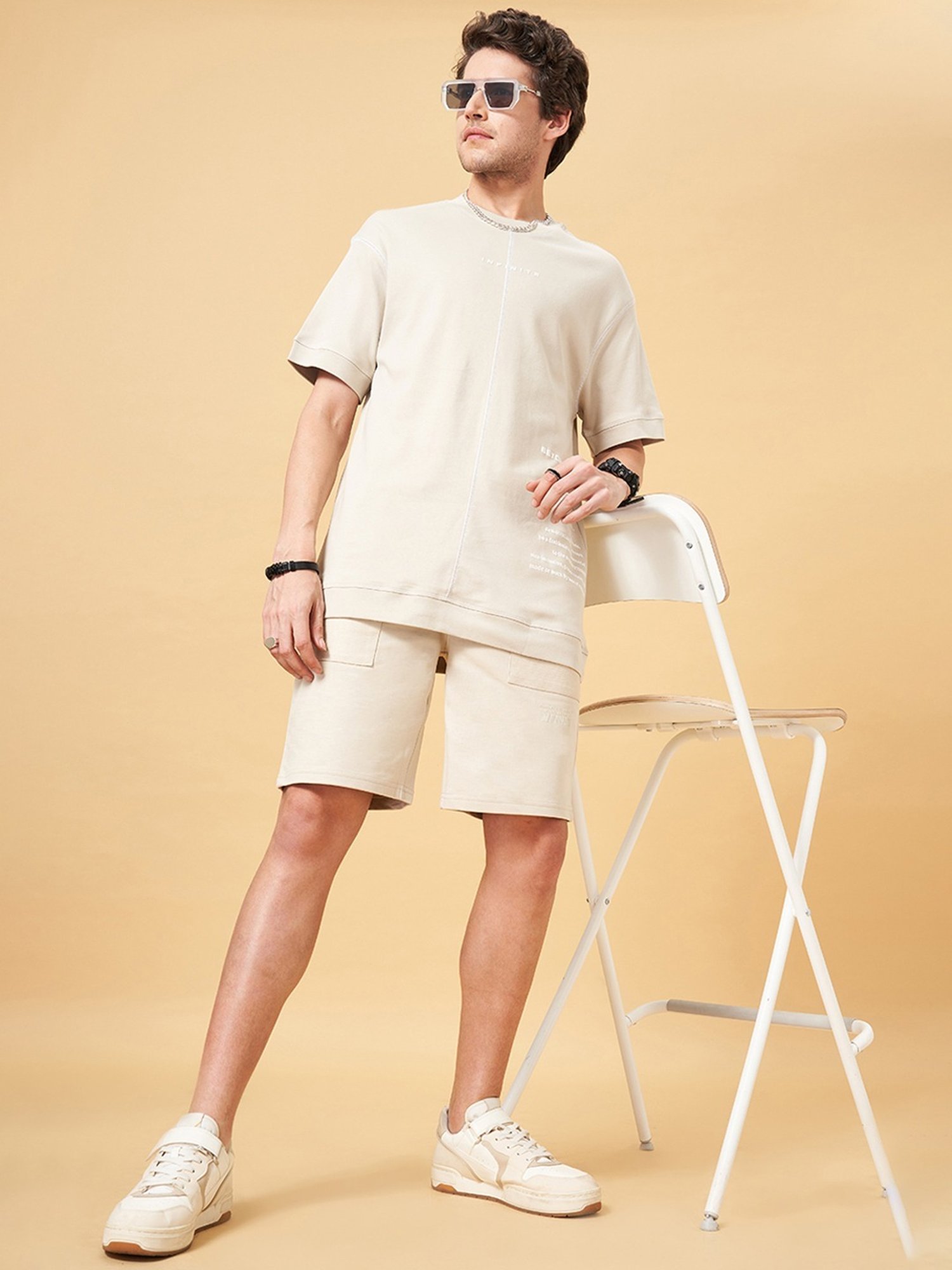 Street 808 by Pantaloons Antique White Cotton Regular Fit Shorts