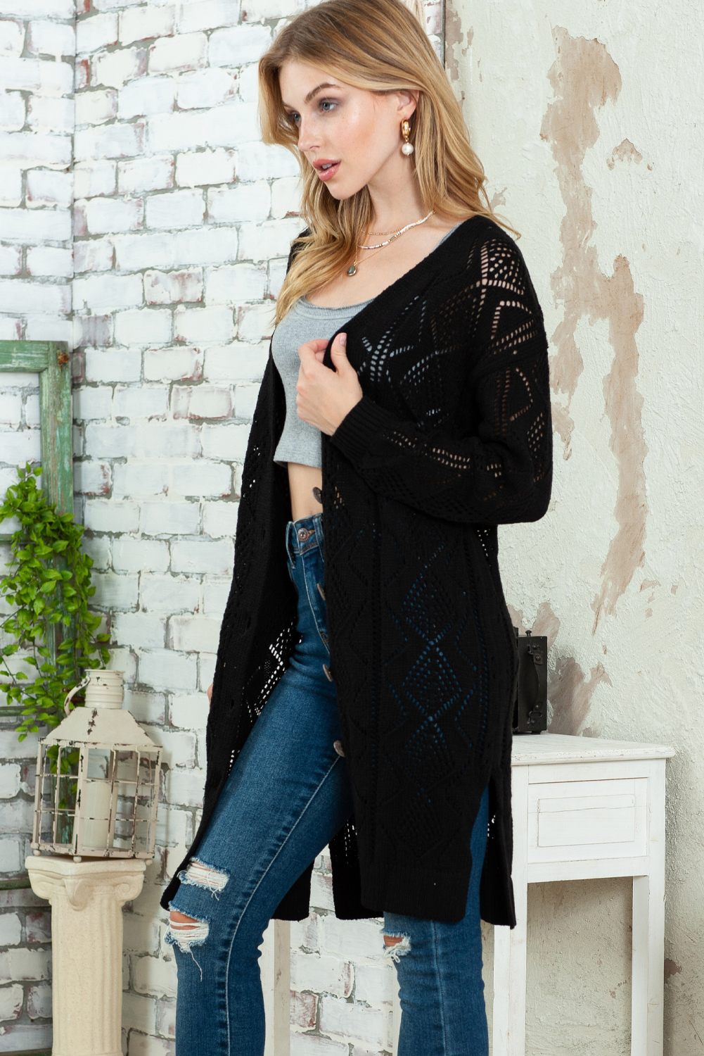 Black Button Up Hollow Out Loose Long Cardigan