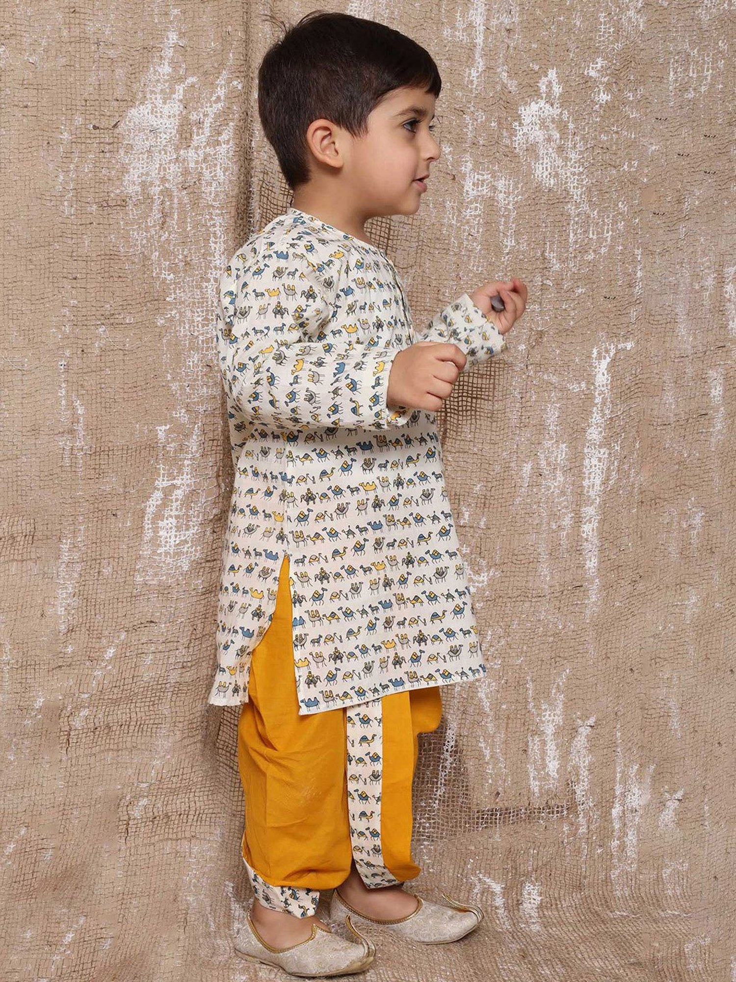 AJ Dezines Kids White & Yellow Printed Full Sleeves Kurta with Dhoti