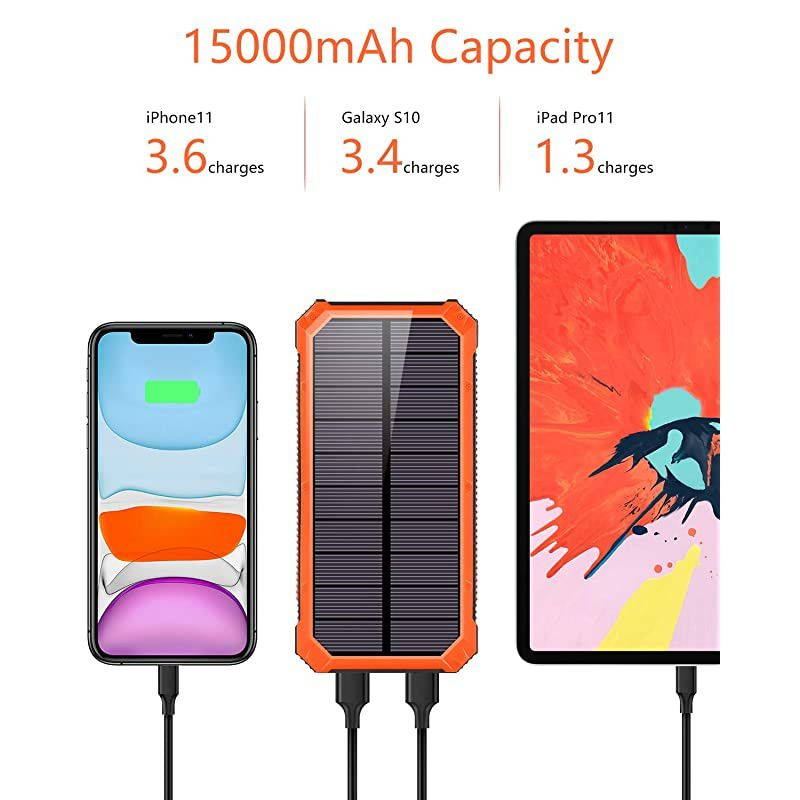 Portable Charger Power Bank 15000mAh,  Solar Charger, Solar Power Bank Battery Pack, high Speed Charging Solar Phone Charger for iPhone, Samsung and More. Black
