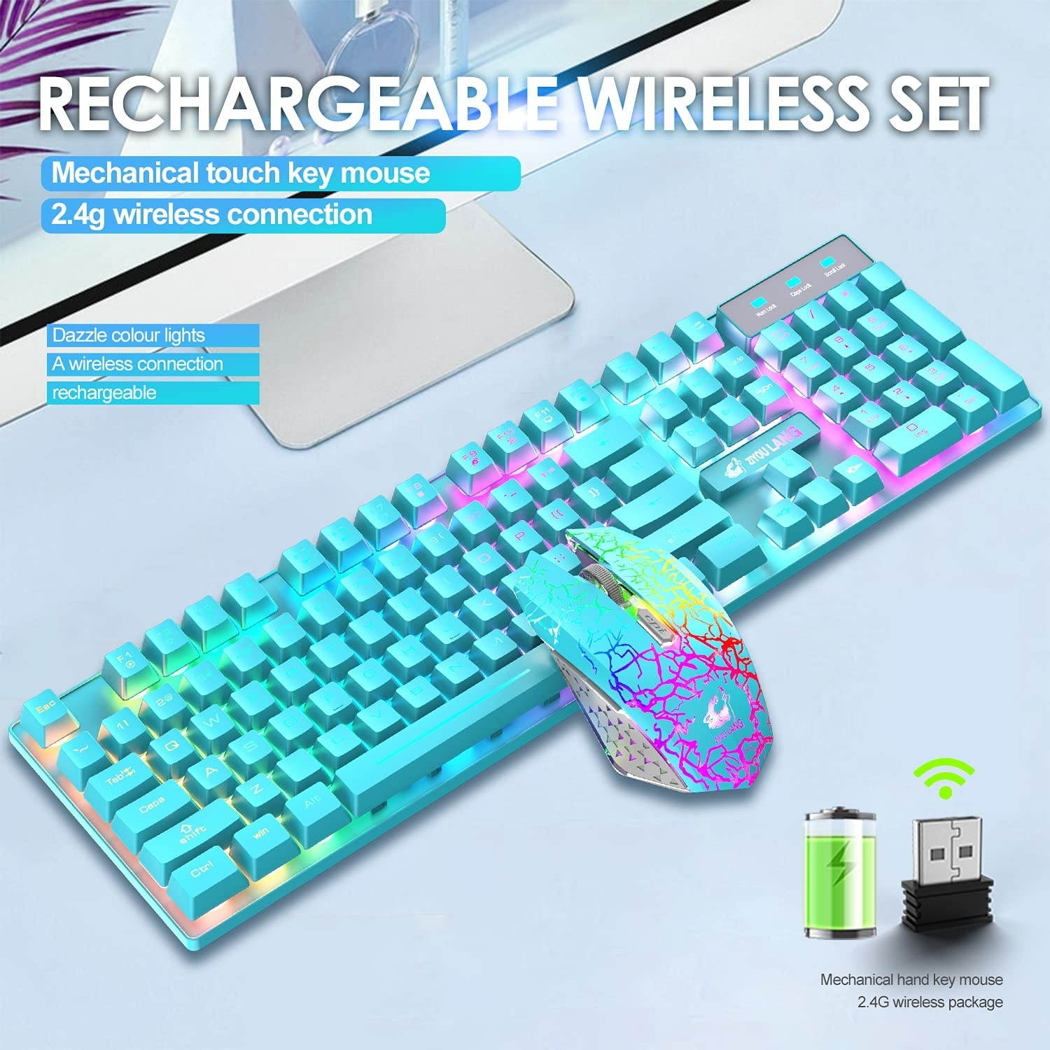 Wireless Gaming Keyboard and Mouse Combo Ranibow LED Backlit Rechargeable 4000mAh Battery Mechanical Feeling Waterproof Dustproof 7 Color Backlit Mute Mice for Computer Mac Gamer (Blue & Ranibow)