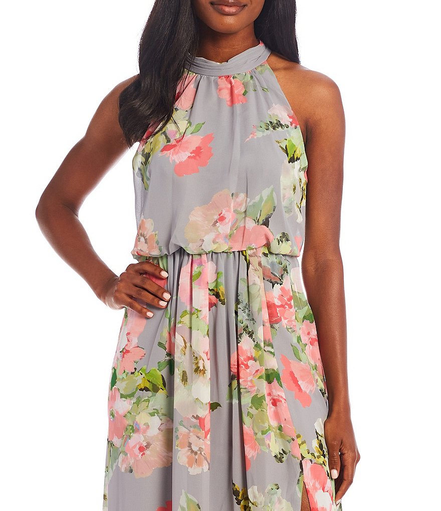 Adrianna Papell Halter Floral Print Chiffon Blouson Gown
