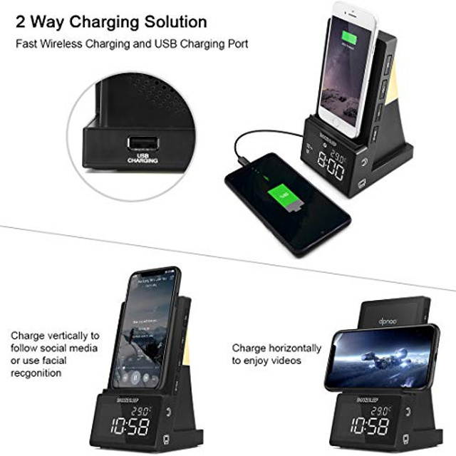 dpnao Alarm Clock with Wireless Charging Dock Stand Bluetooth Speaker Night Light USB Fast Charger Compatible with iPhone 11/11 Pro/11 Pro Max/XR/Xs Max/XS/X/8/8 Plus Galaxy S10/S10 Plus/S10E/S9