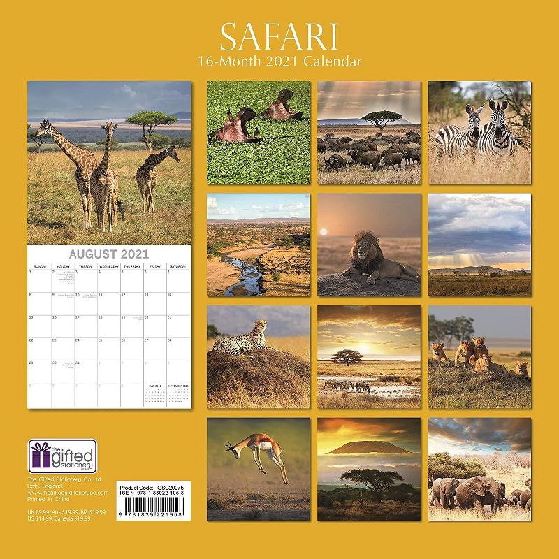 The Gifted Stationery 2021 Wall Calendar 12" x 12" Monthly View, Safari Wildlife Travel, 16-Month, with 180 Reminder Stickers