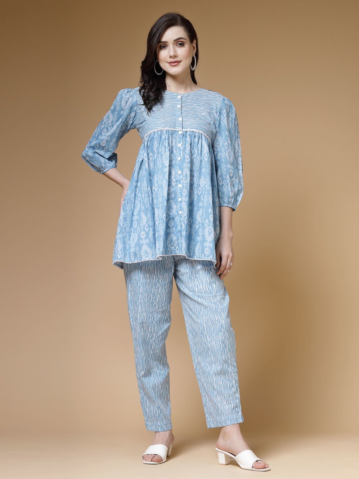 Indibelle Blue Cotton Printed Kurti Pant Set