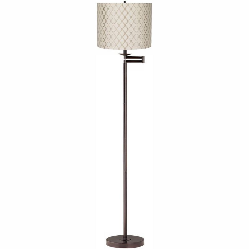 Regency Hill Modern Swing Arm Floor Lamp Bronze Embroidered Hourglass Off White Fabric Drum Shade for Living Room Reading Bedroom