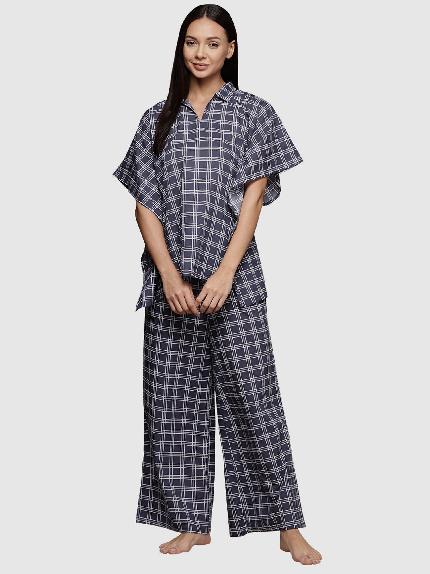 Ziyaa Navy Cotton Chequered Kaftan Pyjama Set
