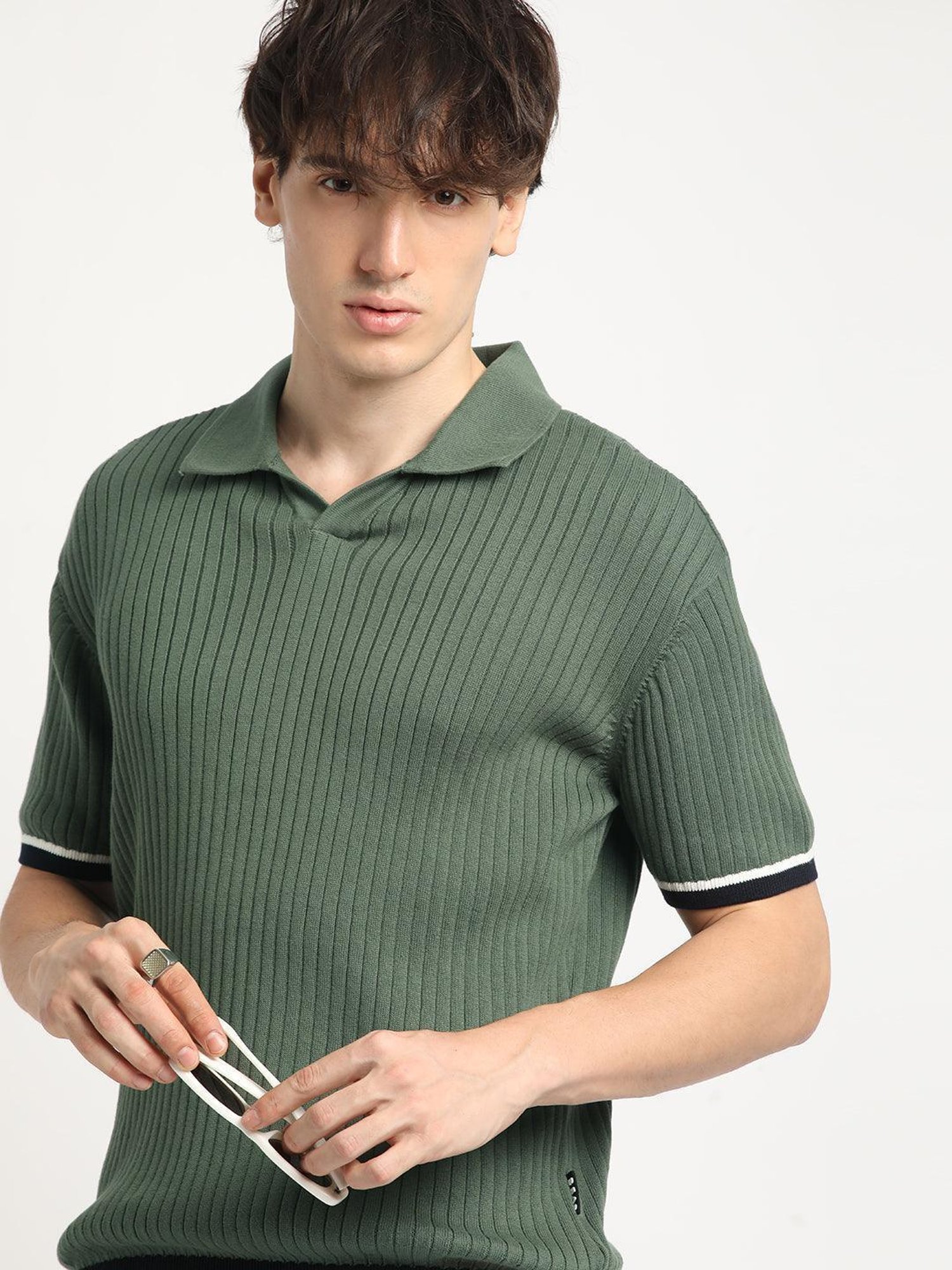 The Bear House Green Cotton Regular Fit Self Pattern Polo T-Shirt