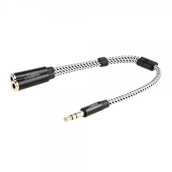 CableCreation Short 3.5mm Audio Stereo Y Splitter cable, 3.5mm Male to 2 x 3.5mm Female Slim and Soft Cable with Gold Plated Connector, for Smartphones, Tablets, MP3 Player and More, Black and White