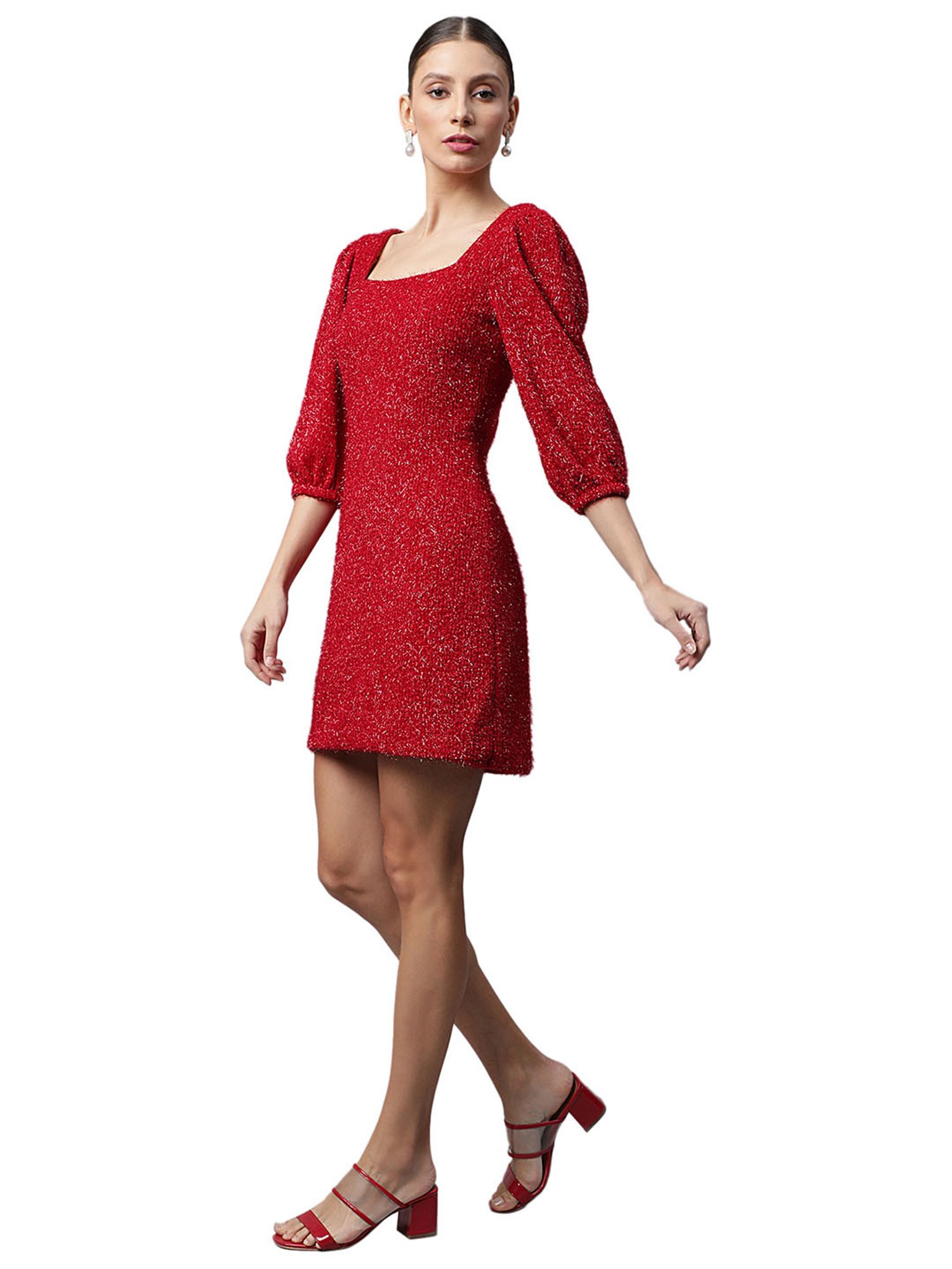 Global Republic Red Textured Shimmery Sheath Shift Dress