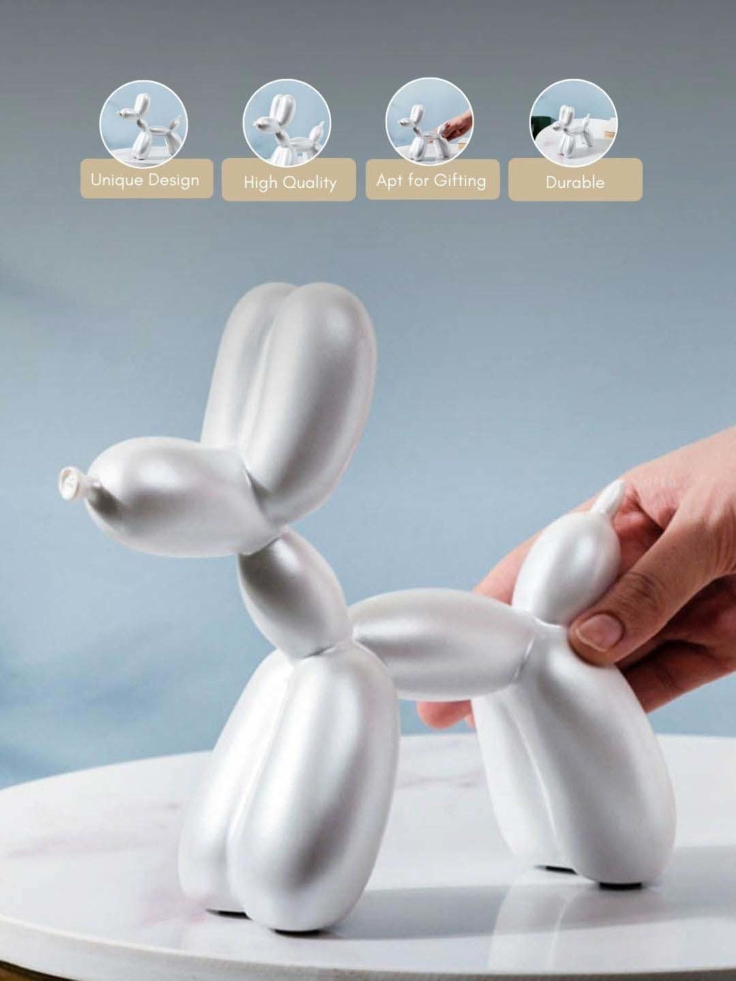 Nestasia Artisanal Resin Made Shining White Twisted Balloon Art Dog Sculpture For Home Decoration