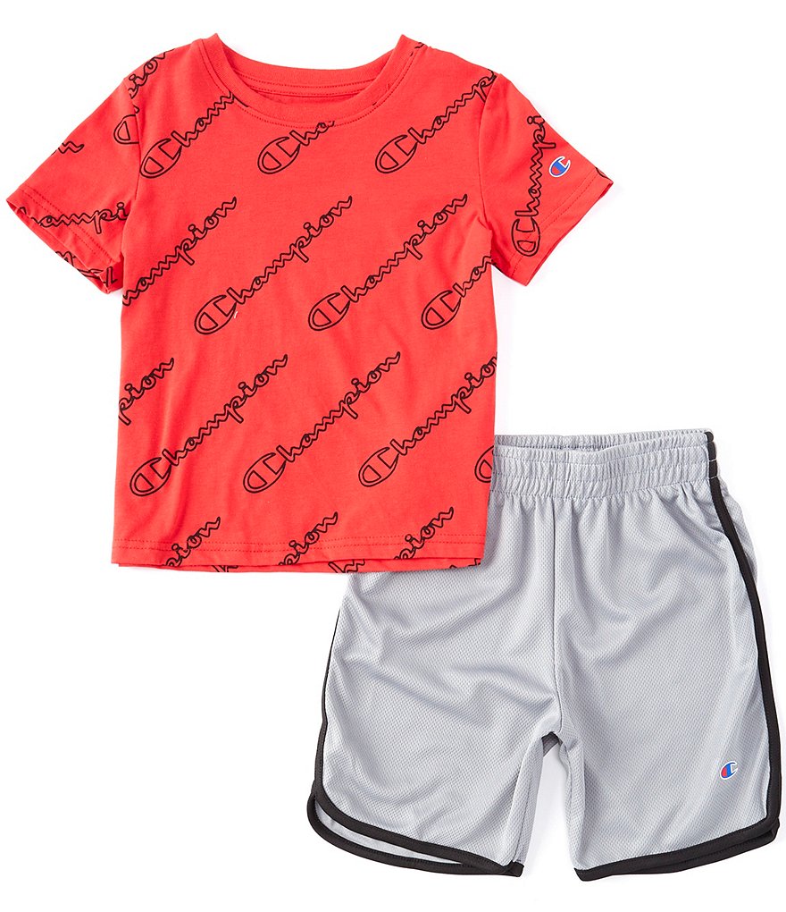 Champion Little Boys 2T-7 Short-Sleeve Diagonal Script Printed Tee & Short Set