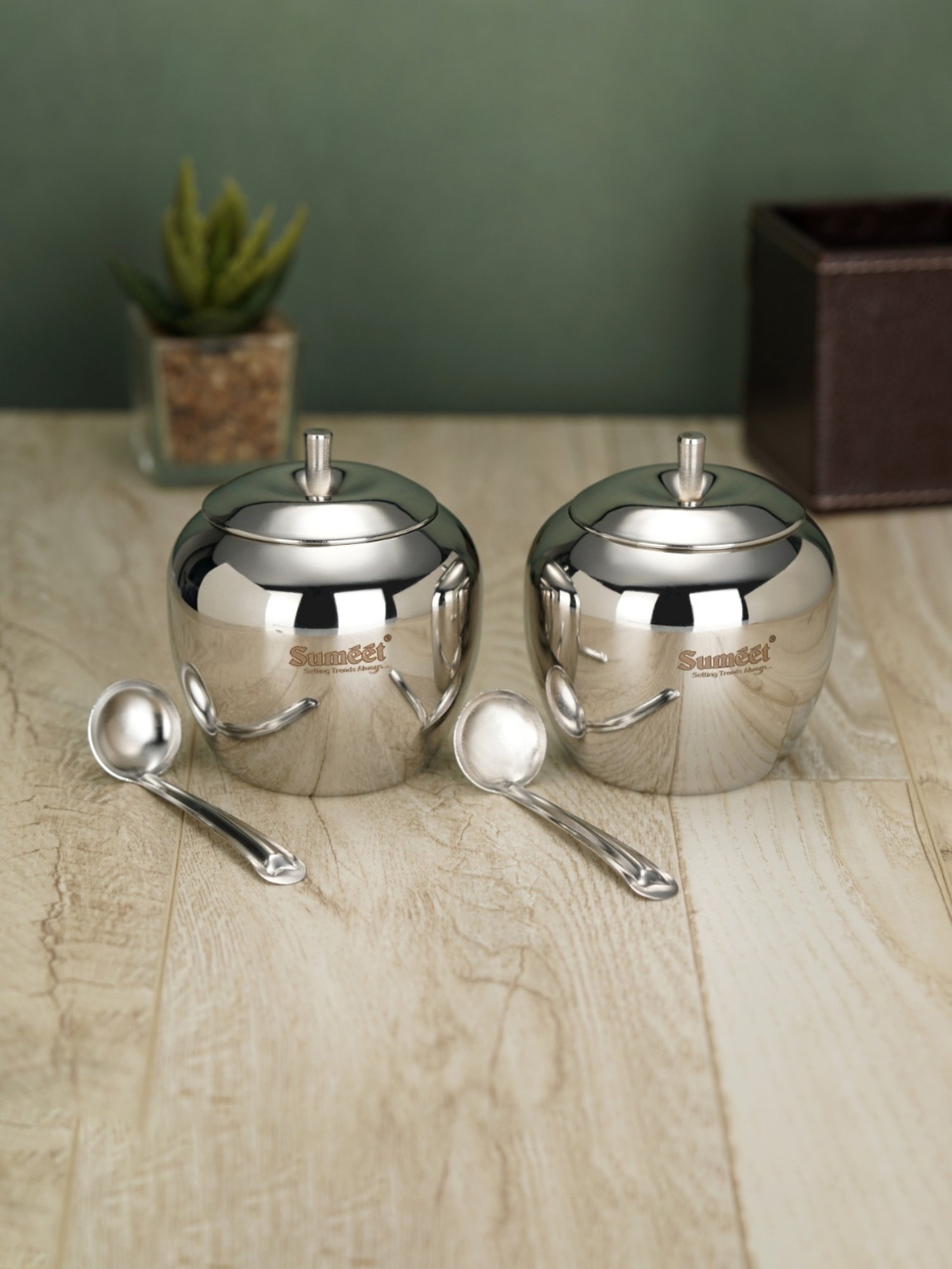 Sumeet S.S.Apple Shape Ghee&Oil Pot,Storage Container with Spoon for Kitchen,7.5cm,220ML-(Pack of 2)