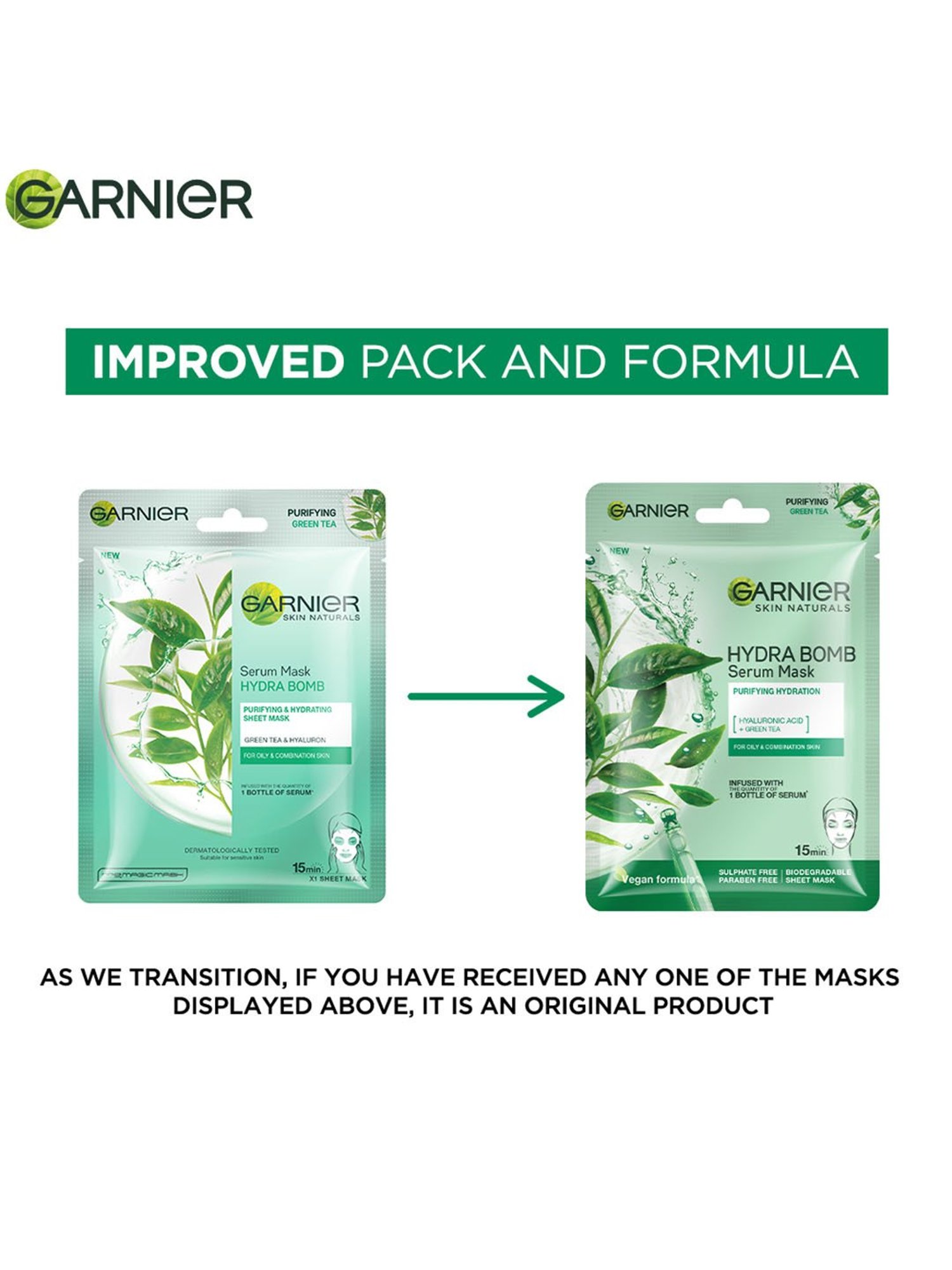 Garnier Skin Naturals Hydra Bomb Green Tea Face Serum Sheet Mask - 28 gm