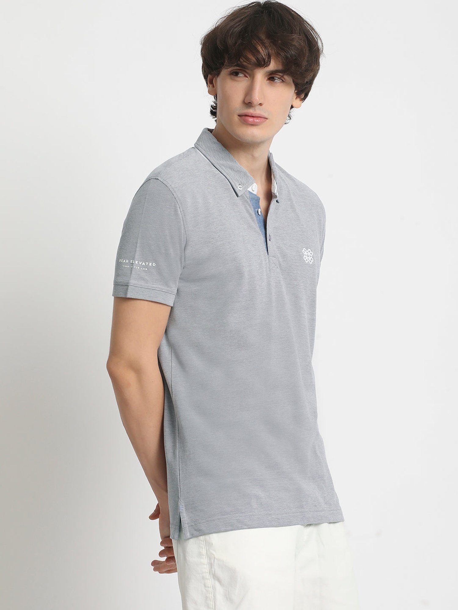 The Bear House Grey Cotton Regular Fit Self Pattern Polo T-Shirt