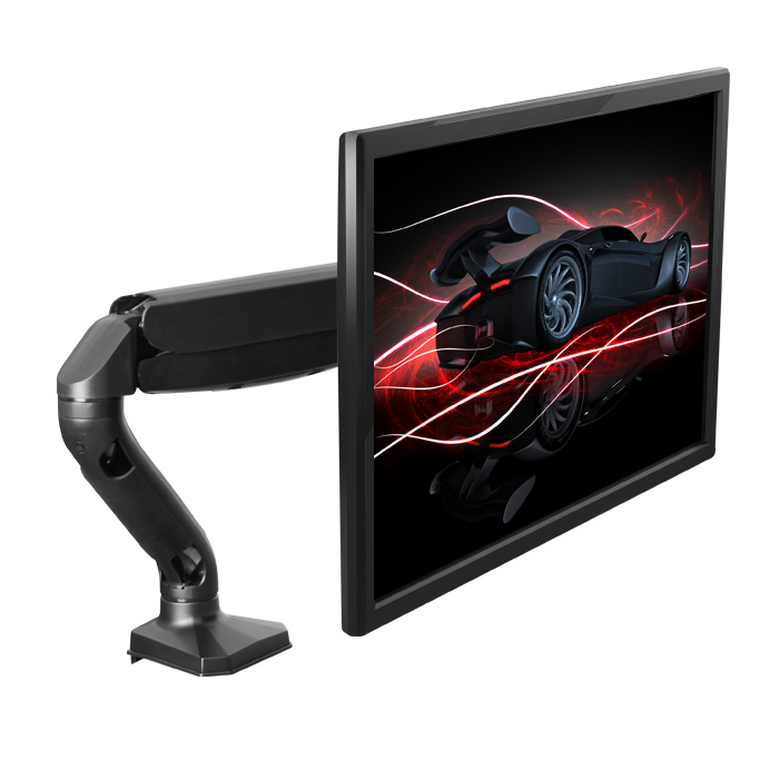 Single Computer Monitor Arm Mount with 2 USB Ports ergonomic adjustable height universal VESA LCD holder with gas spring. Office standing desk accessories organizer. C-Clamp & Grommet Connection