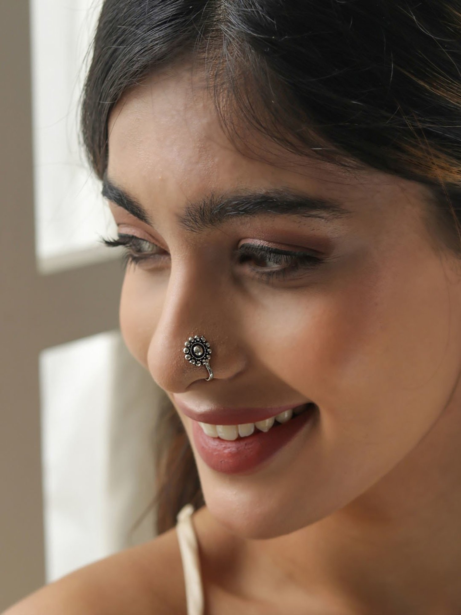 Fida Stones Silver-Plated Oxidised Floral Tribal Nosepins for Women - Set of 6