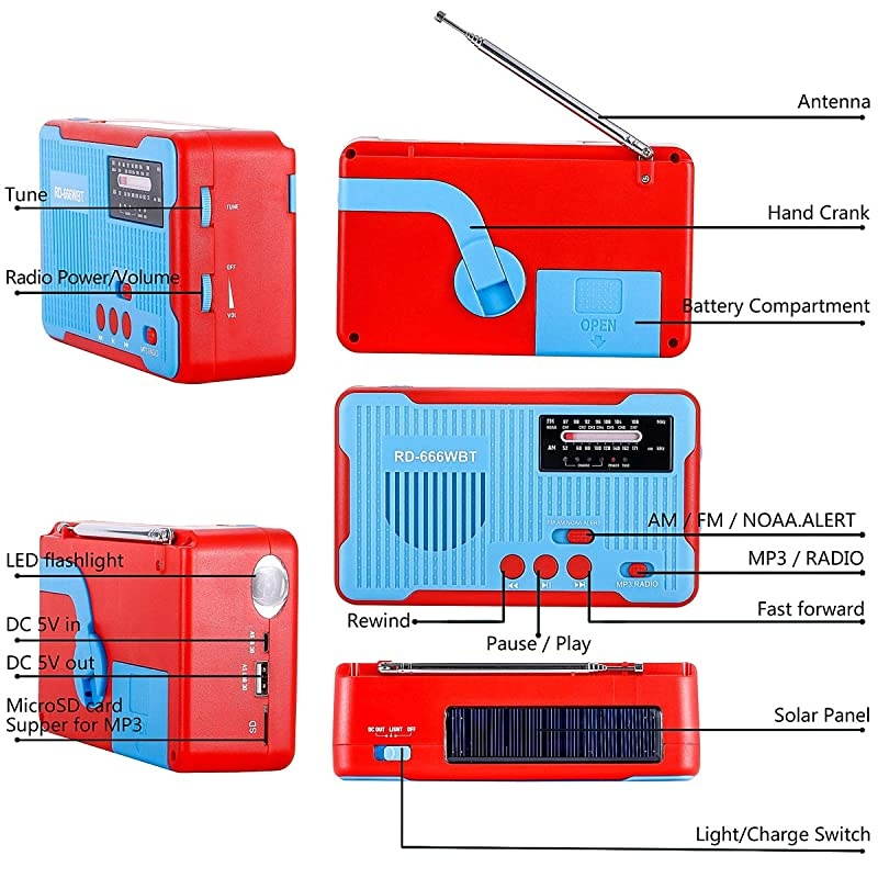 Radios Hand Crank Self Powered Solar AMFM NOAA Weather Alert Radio with LED Flashlight MP3 Player and Large Power Bank 2300mAh for iPhoneSmart Phone ChargerBlue
