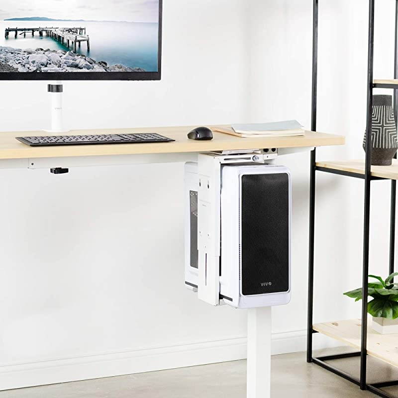 White Adjustable Under Desk and Wall PC Mount | Computer Case Holder with 135 Degree Swivel MOUNTPC01W