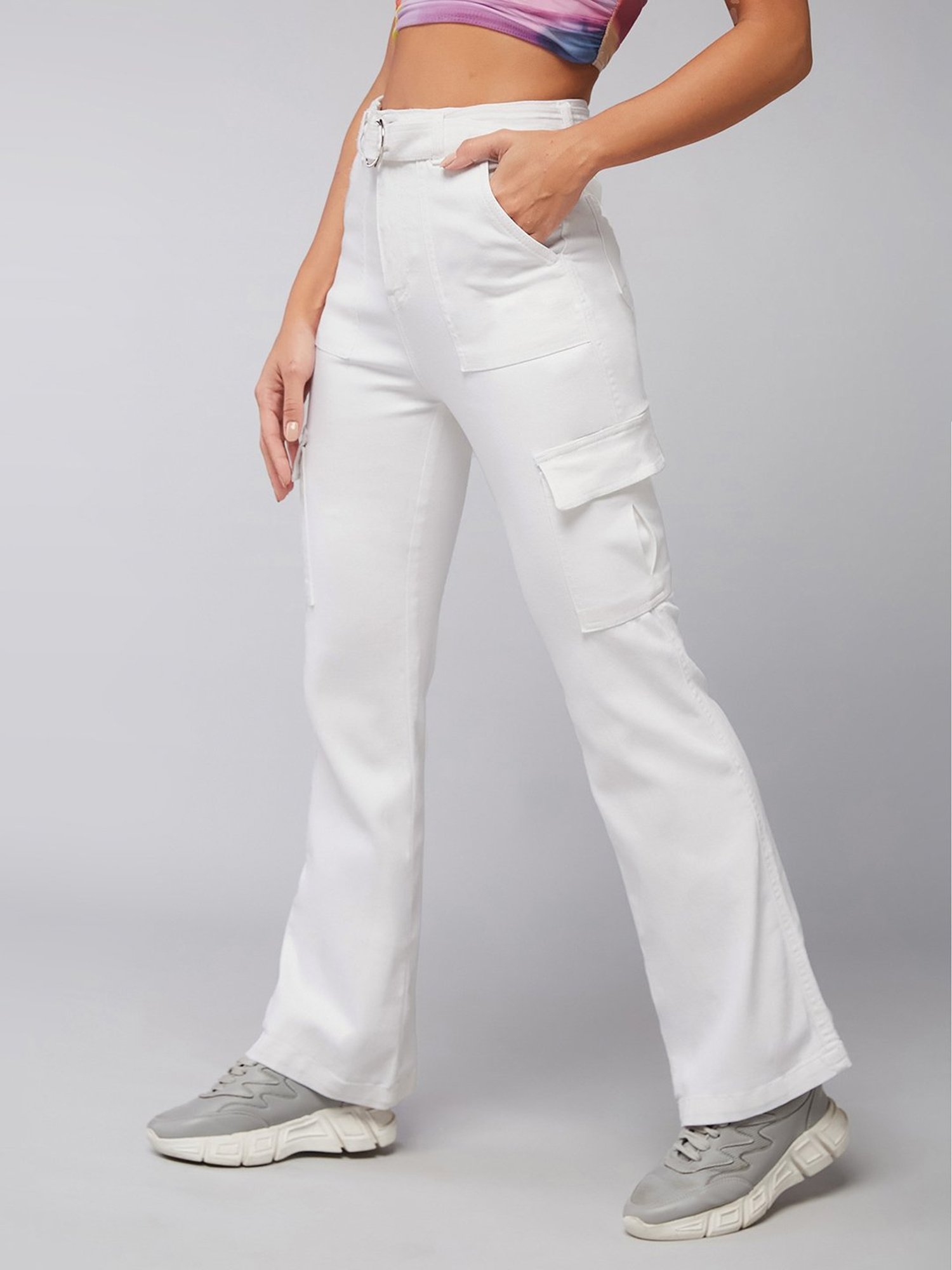 DOLCE CRUDO White Denim Relaxed Fit High Rise Cargo Jeans