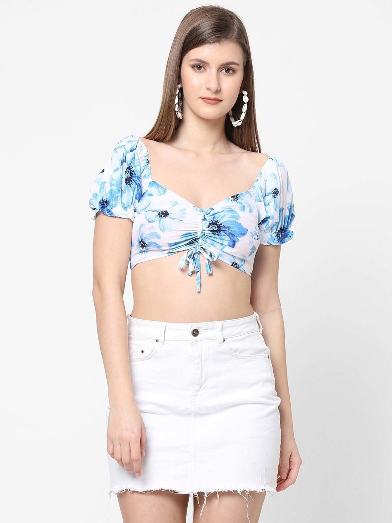 VASTRADO Blue Floral Print Crop Top