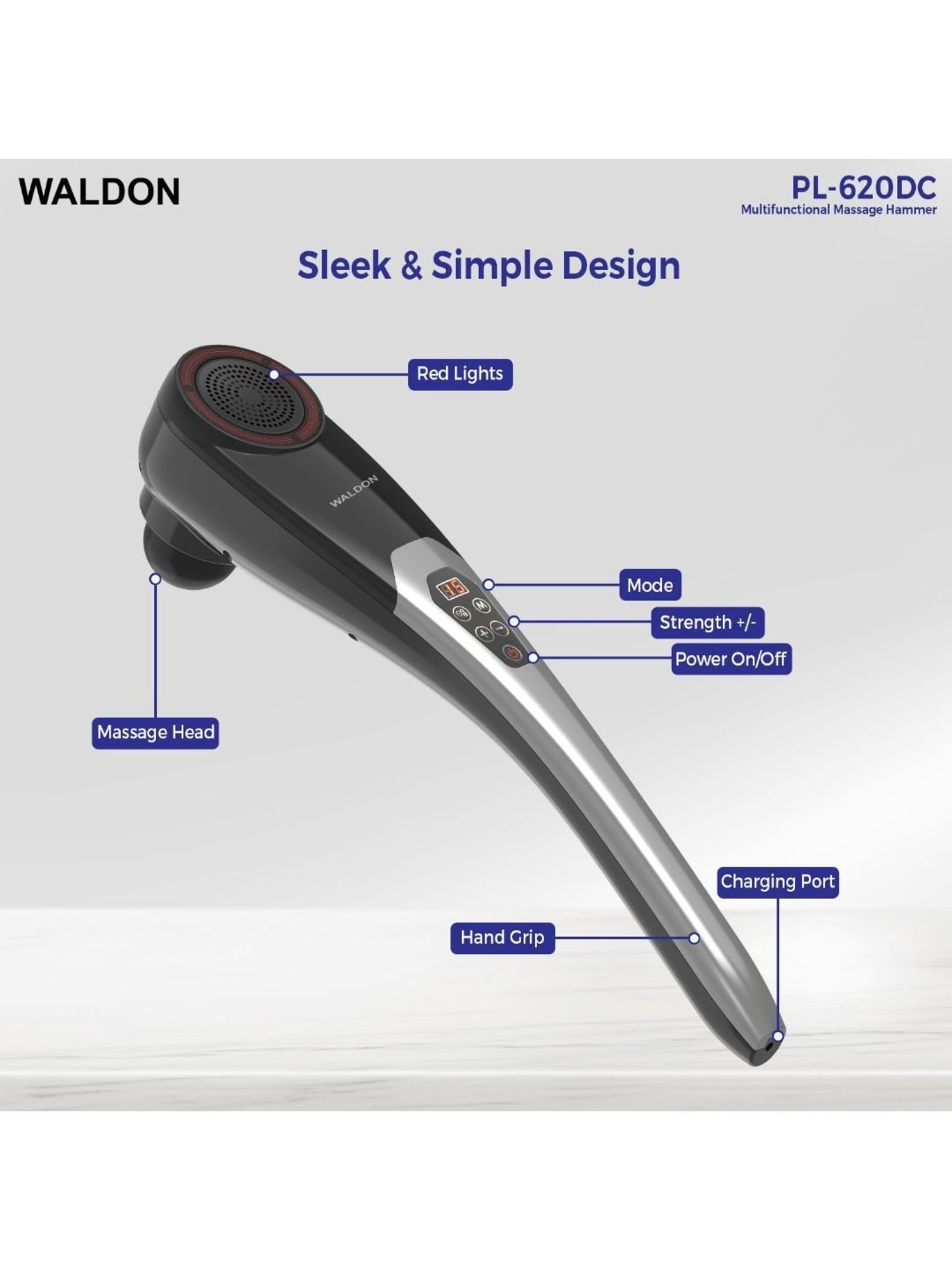 Waldon PL-620DC Wireless Handheld Full Body Hammer Massager with 5 Massage Heads (Black and Grey)