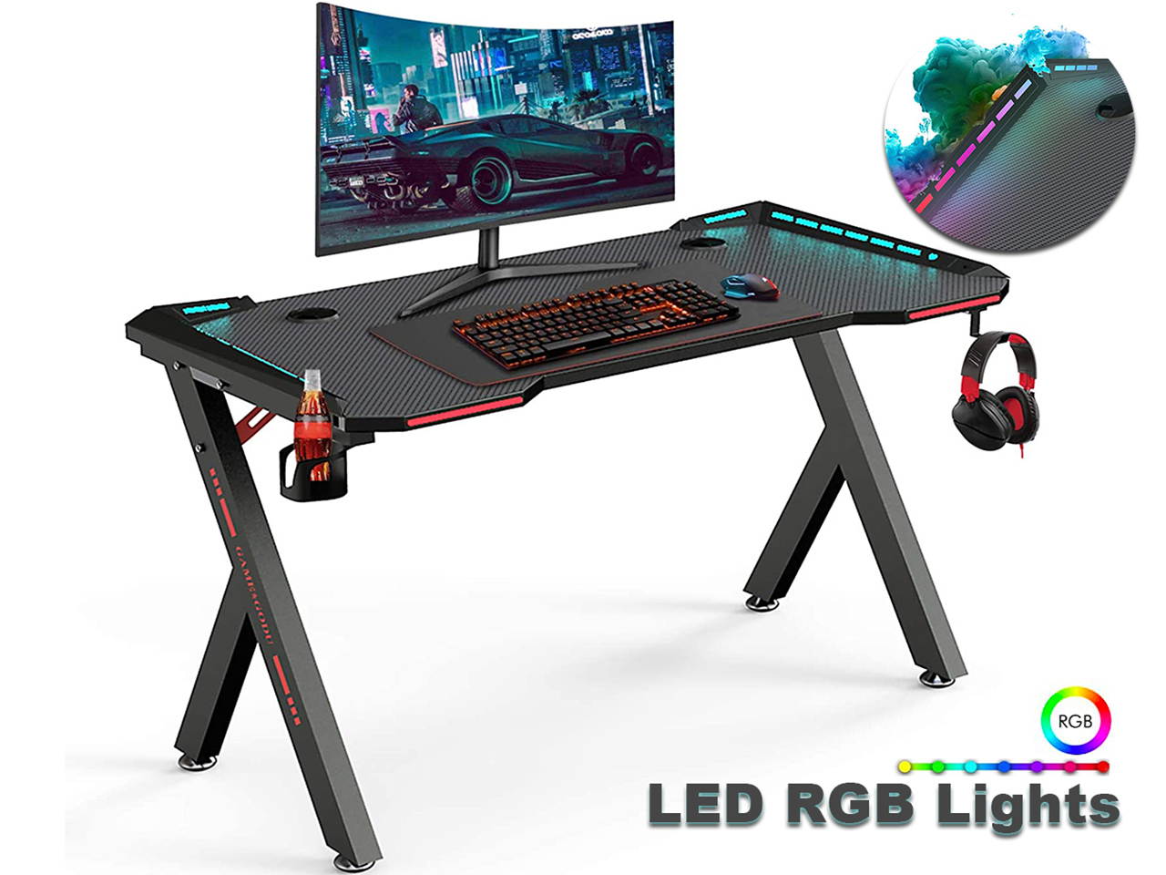 Gaming Desk, 55 Inch Gaming Table, PC Computer Workstation with LED RGB Lights, Headphone Hook and Cup Holder for Home, Black