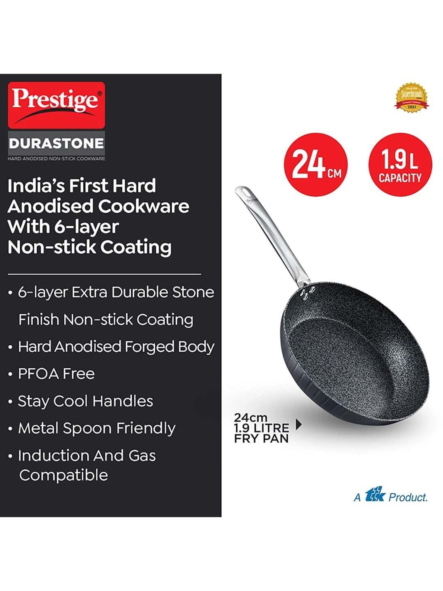Prestige Black Hard Anodised 24 cm Non-Stick 6-Layer Fry Pan (1.9 L)
