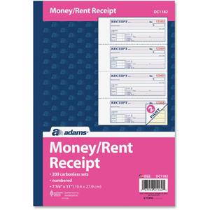Adams Money/Rent Receipt Book Carbonless 2-Part 7-5/8"x11" WE DC1182