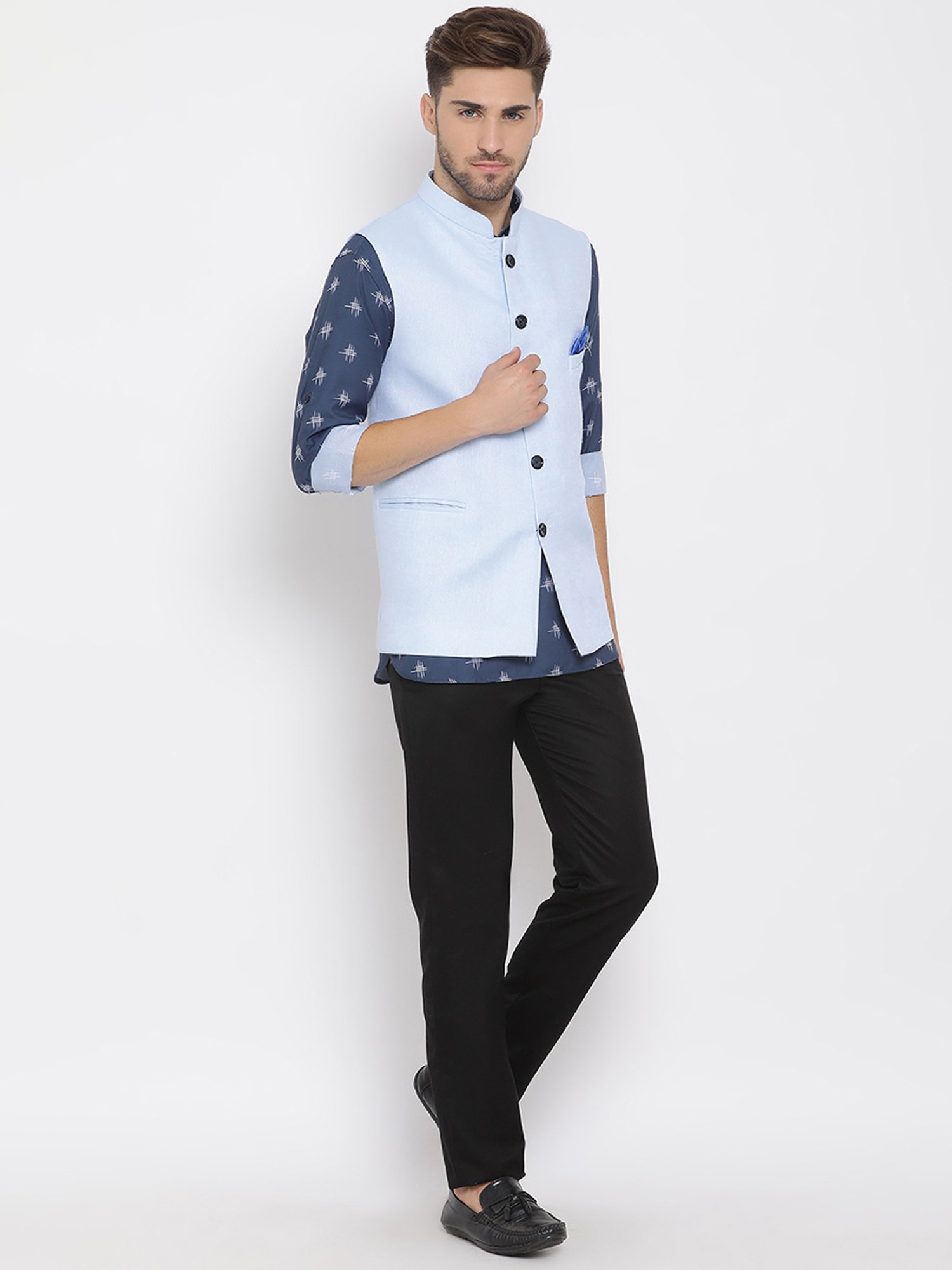 Hangup Plus Navy & Black Regular Fit Linen Short Kurta & Trousers Set With Nehru Jacket