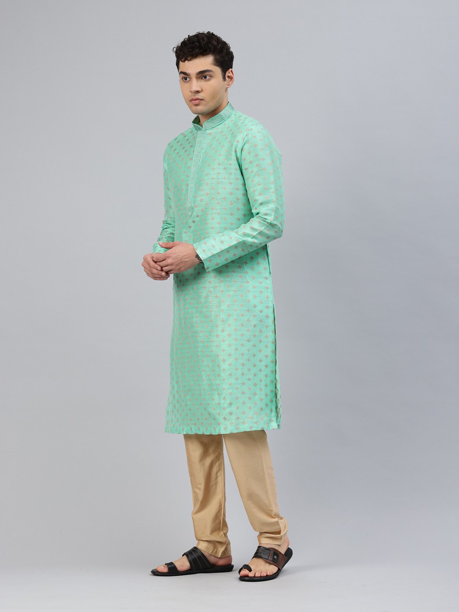 Manthan Mint Green & Beige Regular Fit Self Design Kurta & Pyjamas Set