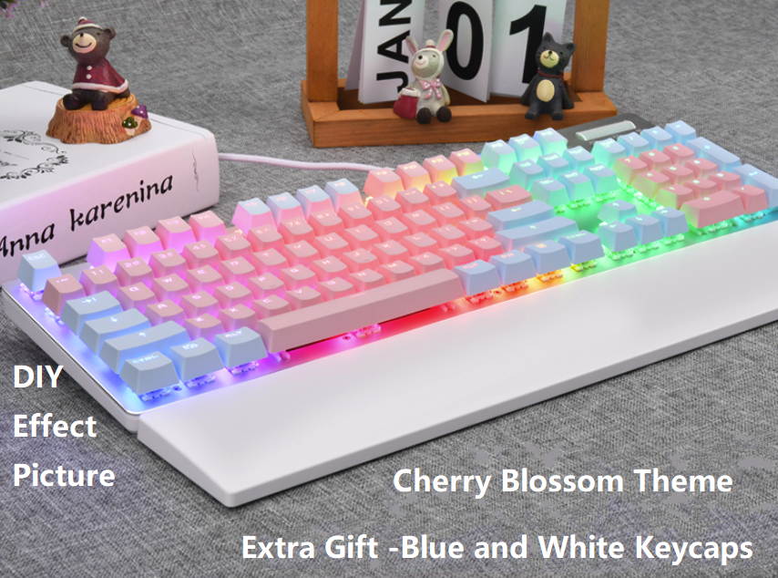 Ajazz AK35I  N-key Rollover Ergonomic Design,Cool Exterior USB Wired Blue Switch Mechanical  Gaming White  Backlit Keyboard For Office And Game, DIY PBT Keycaps - Cherry Blossom Version