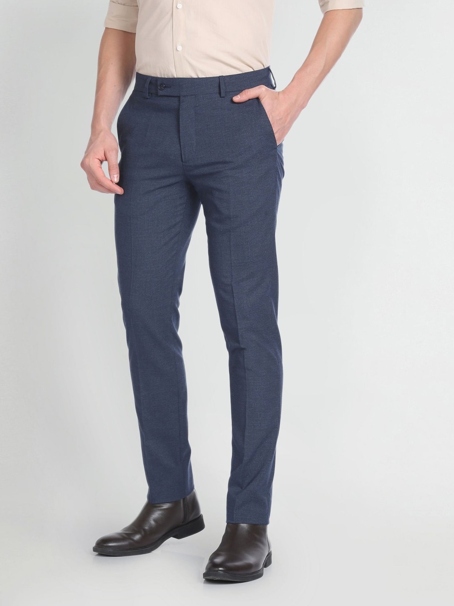 Arrow Blue Cotton Slim Fit Texture Trousers