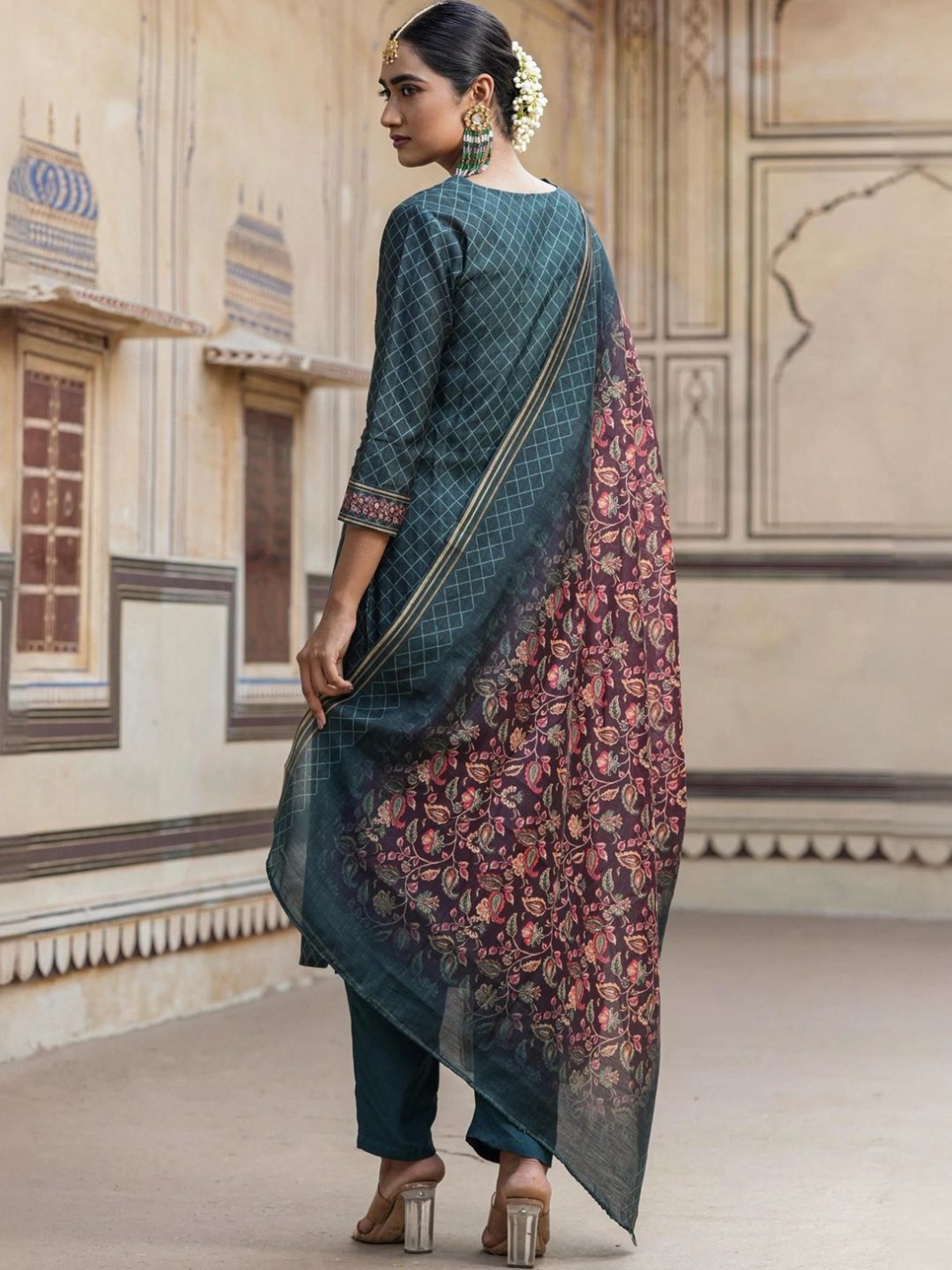Scakhi Deep Teal Modal Chanderi Printed Suit Set Kurta With Pant And Dupatta