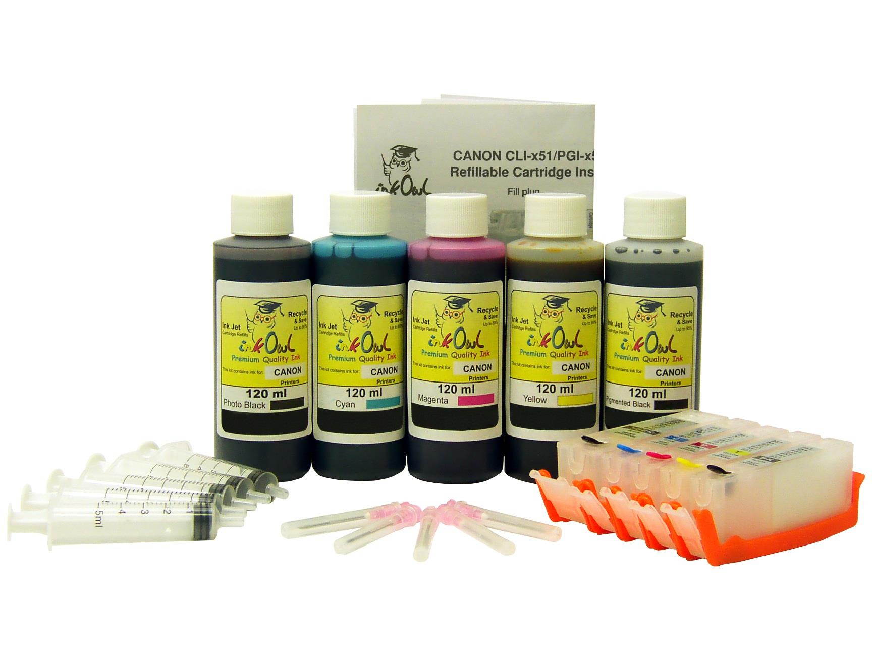 InkOwl 5 Refillable Cartridges for CANON PGI-250, CLI-251 with 5x120ml USA ink